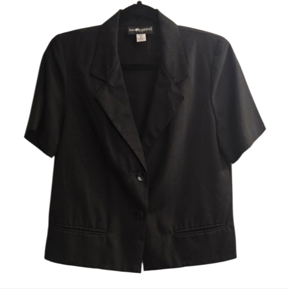 Vintage Sag Harbor short sleeve black blazer, size 8 petite